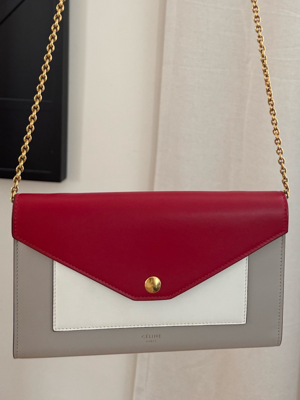 Celine Pheobe Pocket envelope flap tricolor chain clutch